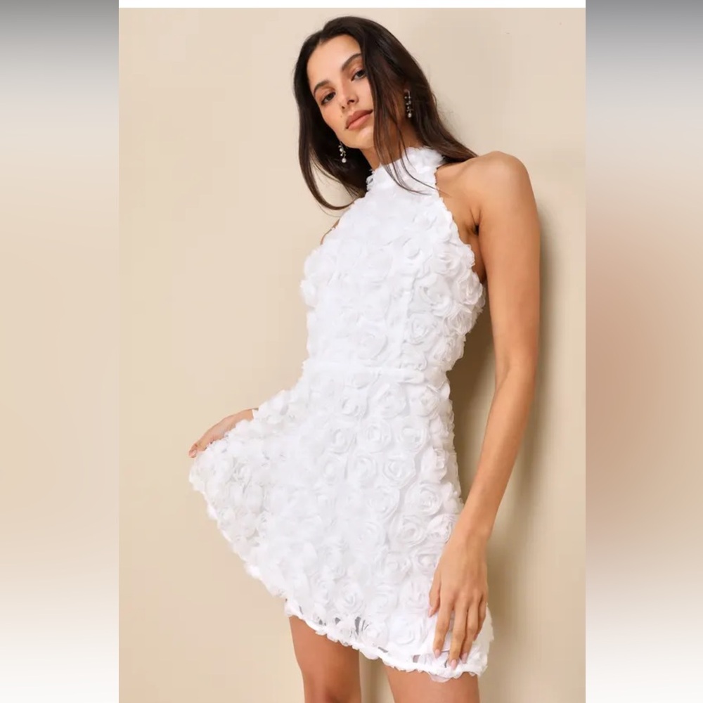 White 3D floral halter backless mini dress